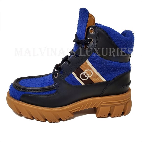 GUCCI MENS BOOTS ROMANCE CASY BLUE WOOL LEATHER LOGO LUG SOLE sz 9G 9.5 US - Picture 3 of 16
